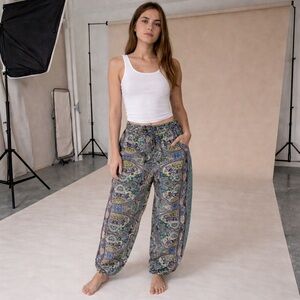 100% Silk Womens Size M Multicolor Paisley Harem Jogger Boho Pant